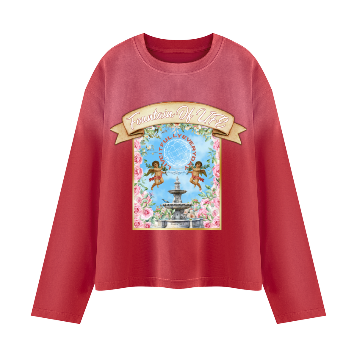 'Fountain Of LIFE' Unisex Sunfade Boxy Long Sleeve T-Shirt