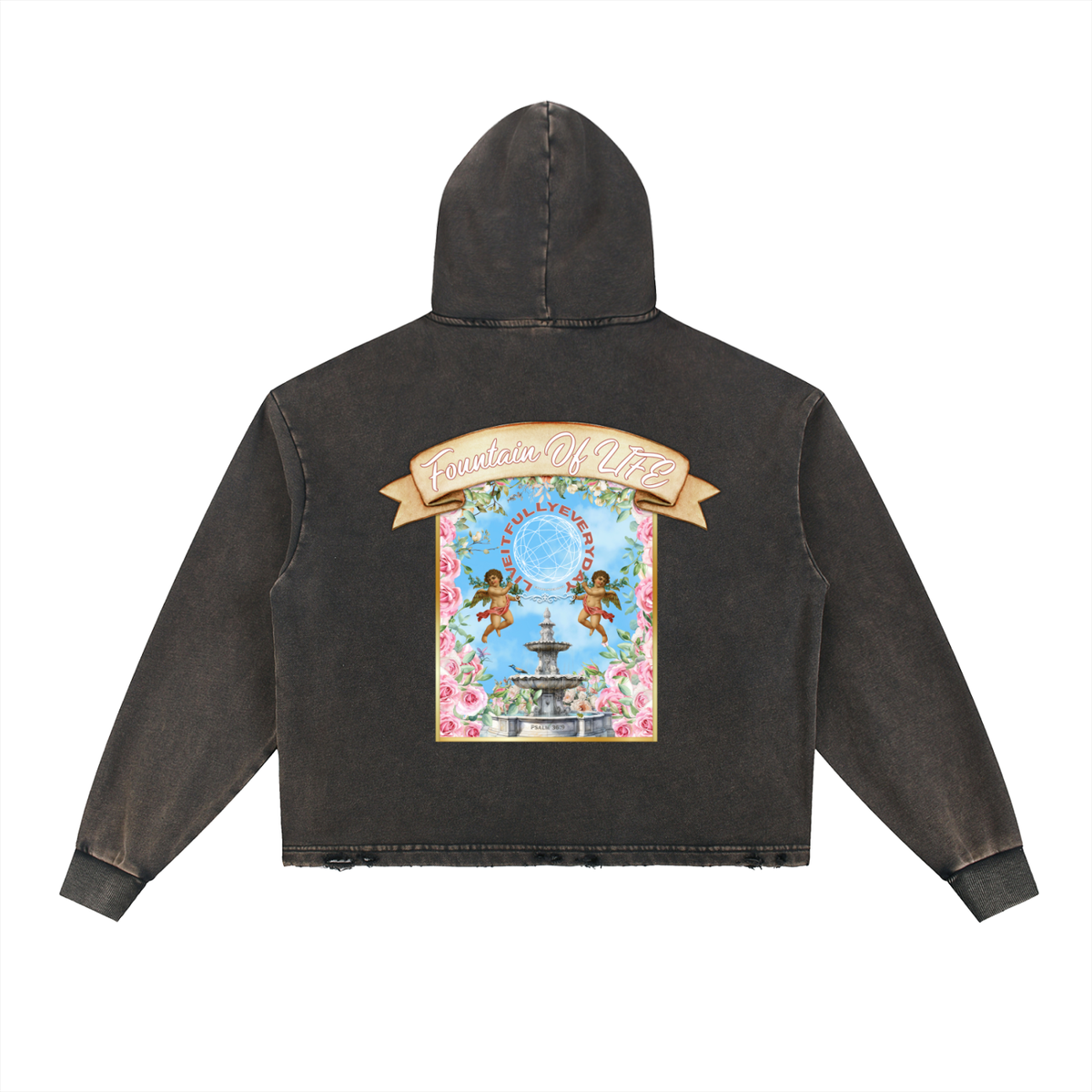 ‘Fountain Of LIFE’ Psalm 36:9 Vintage Washed Frayed-Hem Hoodie